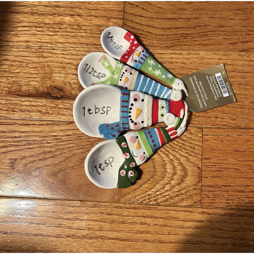 Pier 1 Imports Set Of 4 Ceramic Snowman Holiday Christmas Measuring Spoons NWT